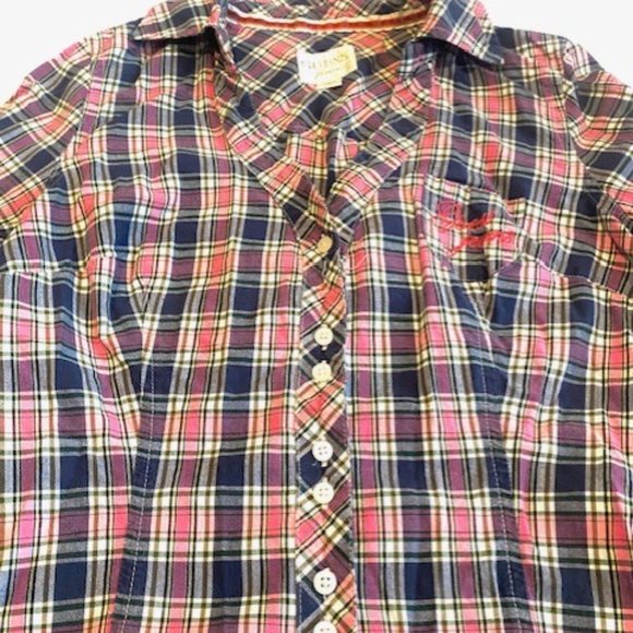 Guess Jeans Plaid Fitted Western Button Shirt + Size Medium - Picture 2 of 9